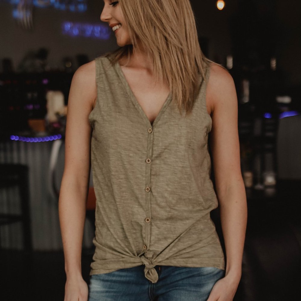 Sleeveless Knit Button Down Top - Olive